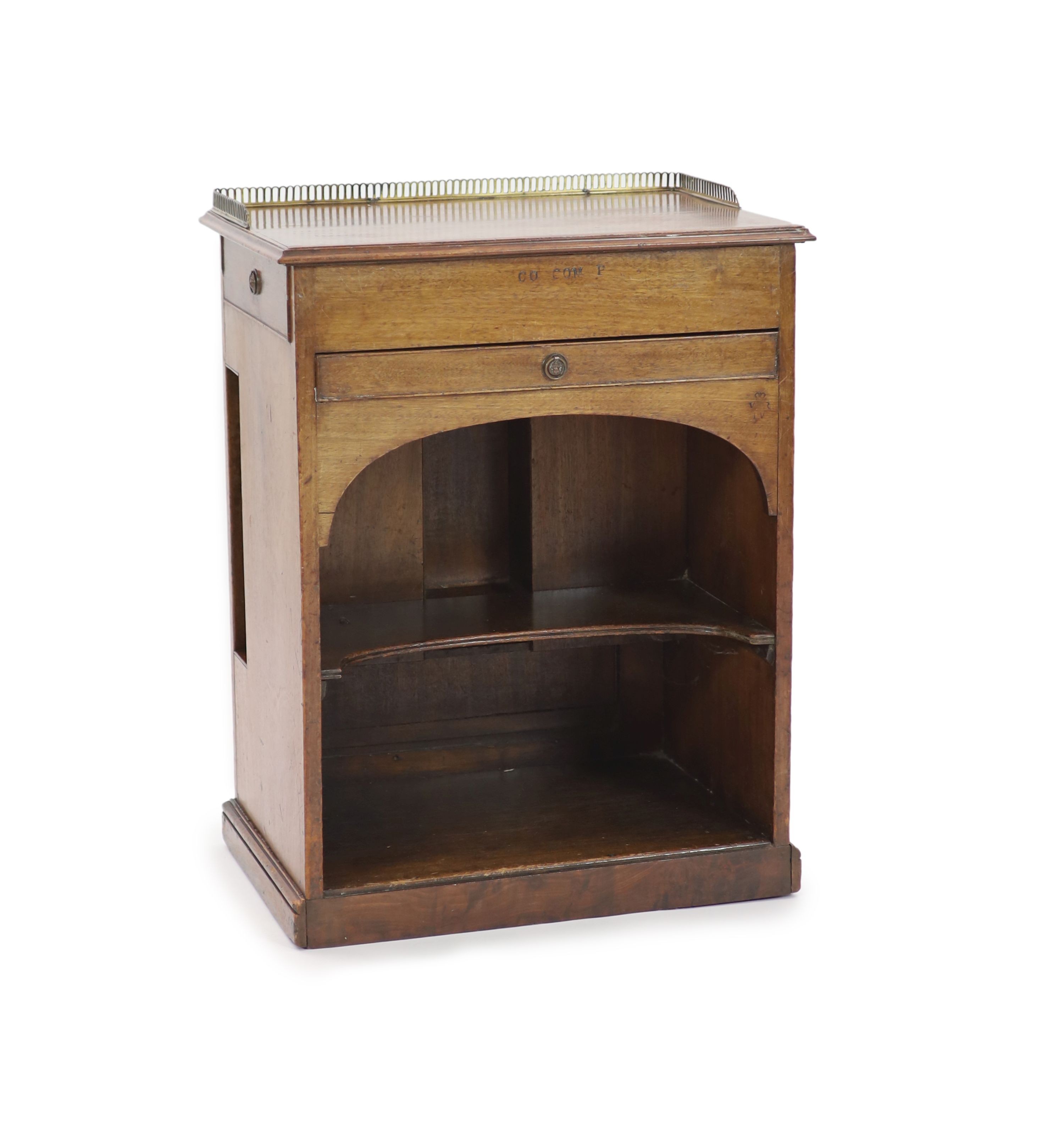 Royal furniture. A William IV mahogany bedside cupboard combined writing chest, H 77cm. W 58cm. D 42cm.